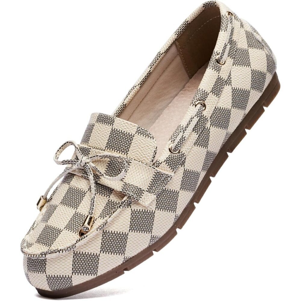 Womenās Beige Grid Polyurethane Comfortable Casual Slip On Loafer Flat Shoes